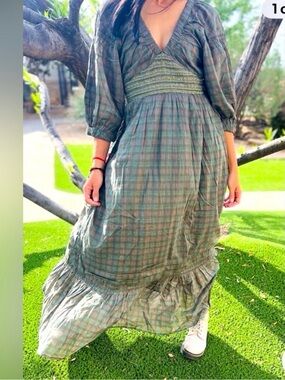 Free People Golden Hour Maxi Dress, Green/Pink Plaid, NWOT!